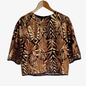 Everly Boutique Metallic Geometric Sequin Glam Event Crop Top Shirt Gold